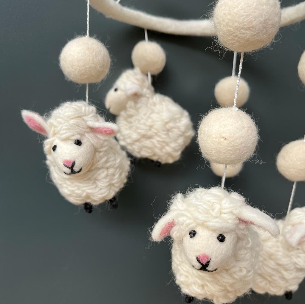 Greige Handmade Felt Woolly Sheep Mobile - Fairtrade
