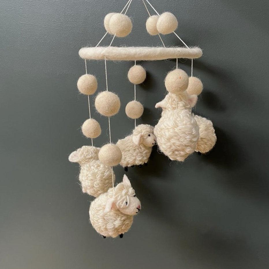 greige Handmade Felt Woolly Sheep Mobile - Fairtrade
