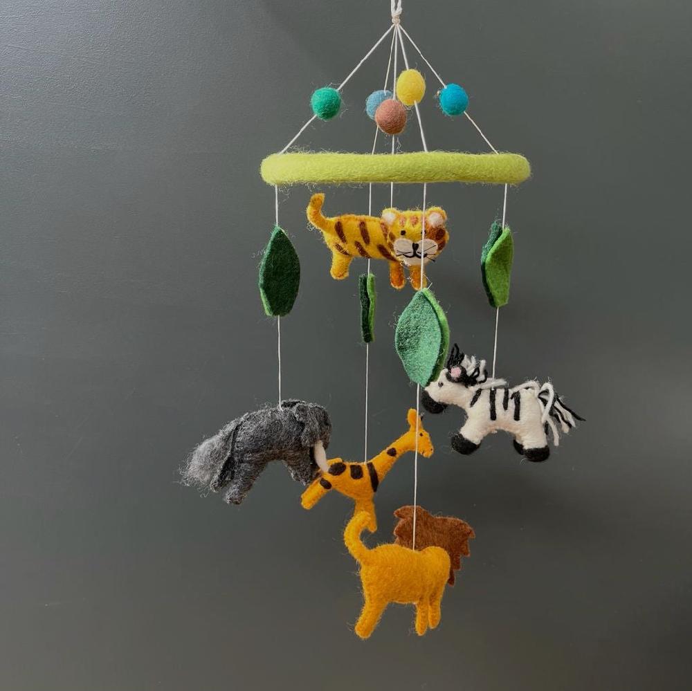 greige Handmade Felt Zoo Animals Mobile - Fairtrade