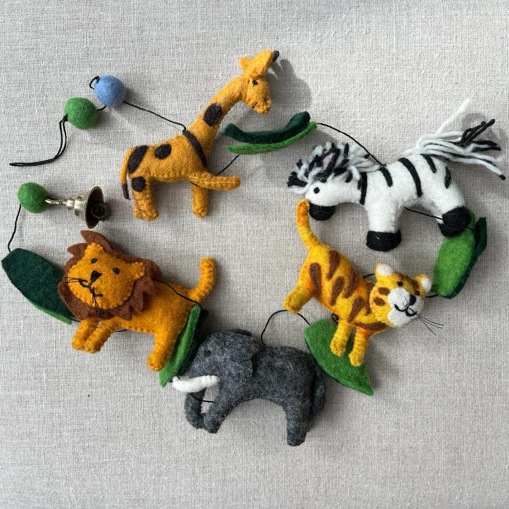 greige Handmade Felt Zoo Animals String - Fairtrade