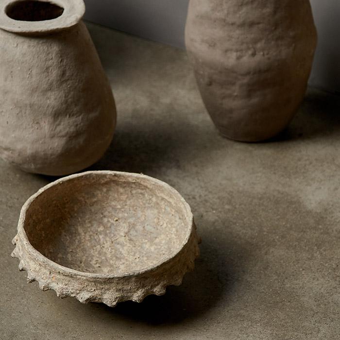 Greige Handmade Papier Mache Bowl With Spikey Rim