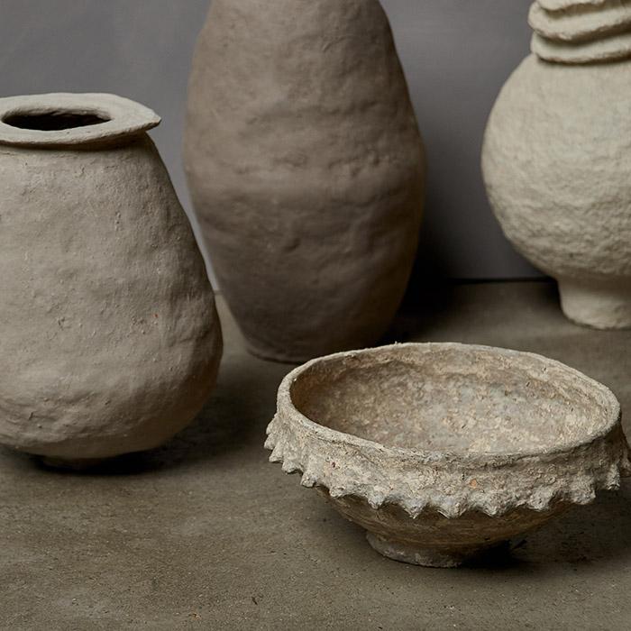 Greige Handmade Papier Mache Bowl With Spikey Rim