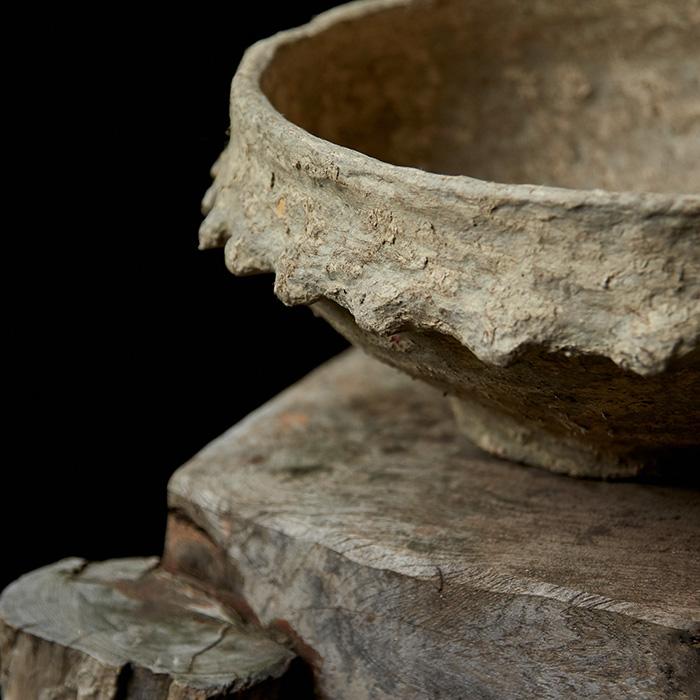 greige Handmade Papier Mache Bowl with Spikey Rim