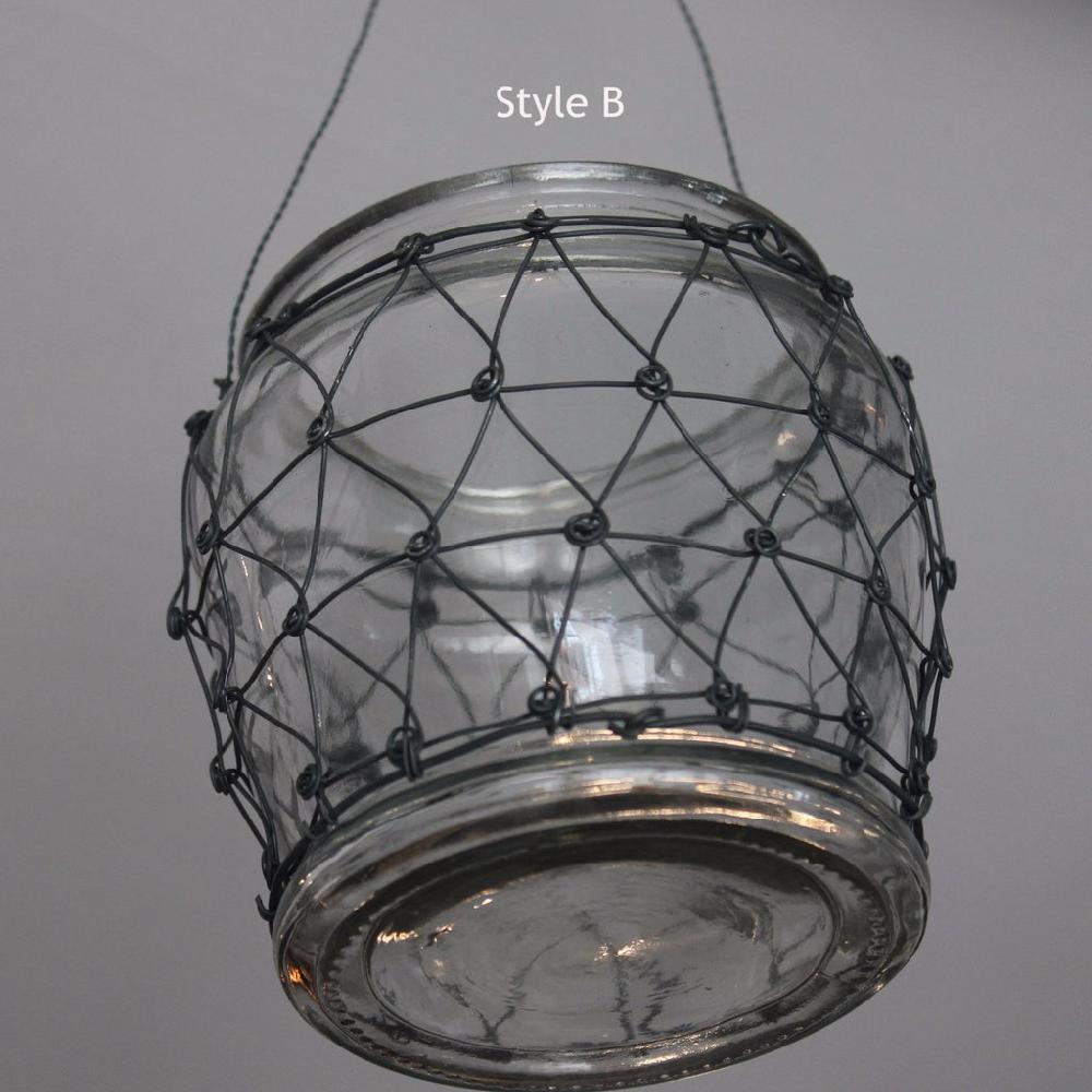Greige Hanging Glass Jar Lantern With Wire Cover