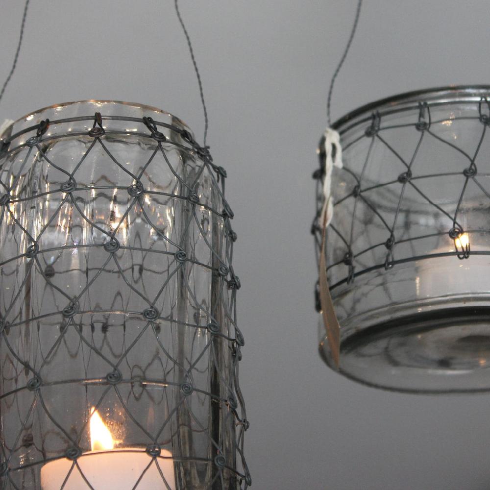 Greige Hanging Glass Jar Lantern With Wire Cover