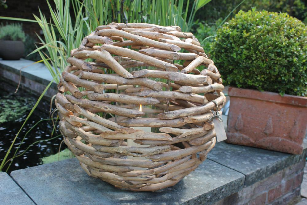 greige Huge Driftwood Ball Hurricane Lantern