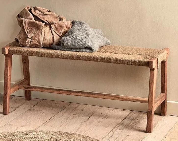 greige Jute and Acacia Wood Bench