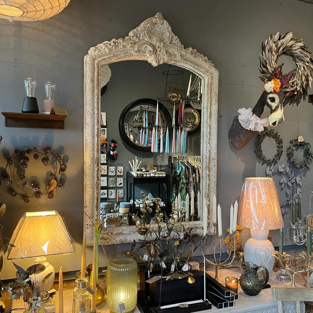 greige Large Antiqued Mirror with Arch Top