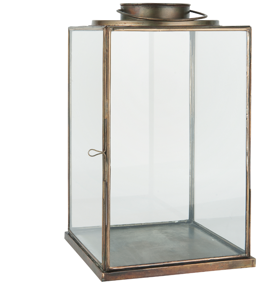 Greige Large Square Based Antiqued Brass Lantern