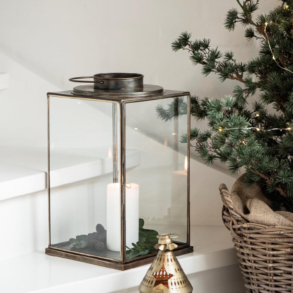 greige Large Square Based Antiqued Brass Lantern