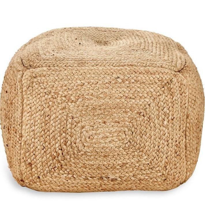 Greige Large Square Braided Hemp Pouf