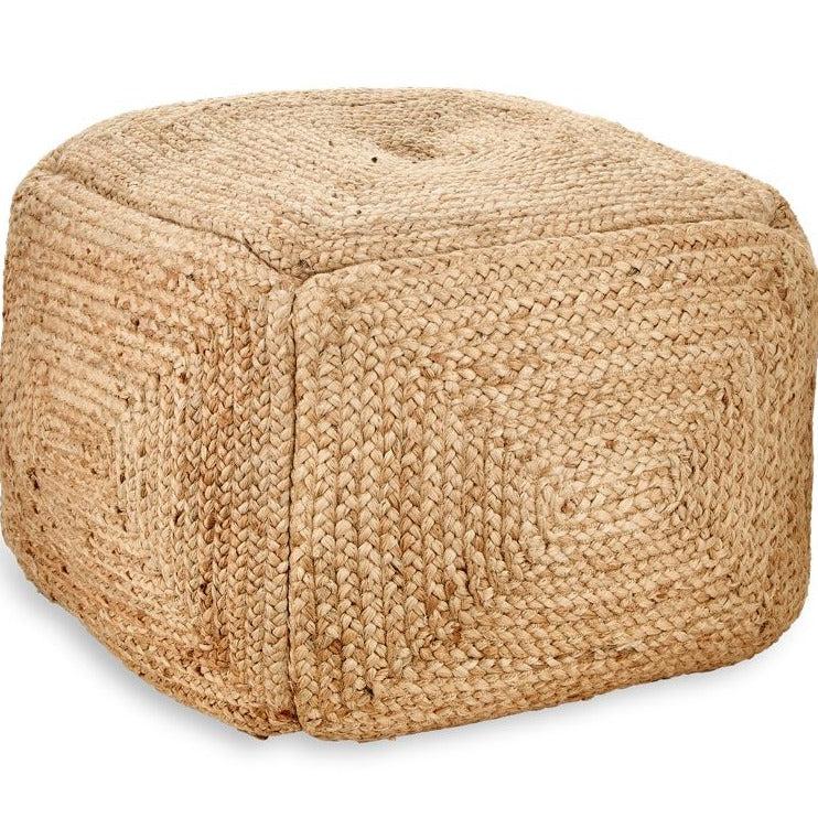 Greige Large Square Braided Hemp Pouf