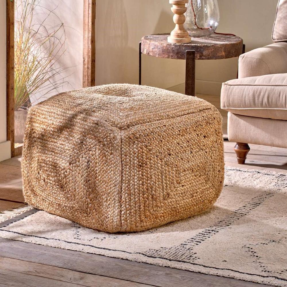 greige Large Square Braided Hemp Pouf