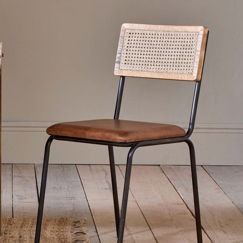 Greige Leather Rattan & Iron Dining Chair