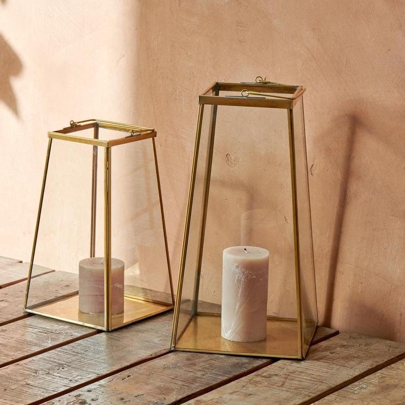 greige Macey Brass and Glass Lantern - Two Sizes