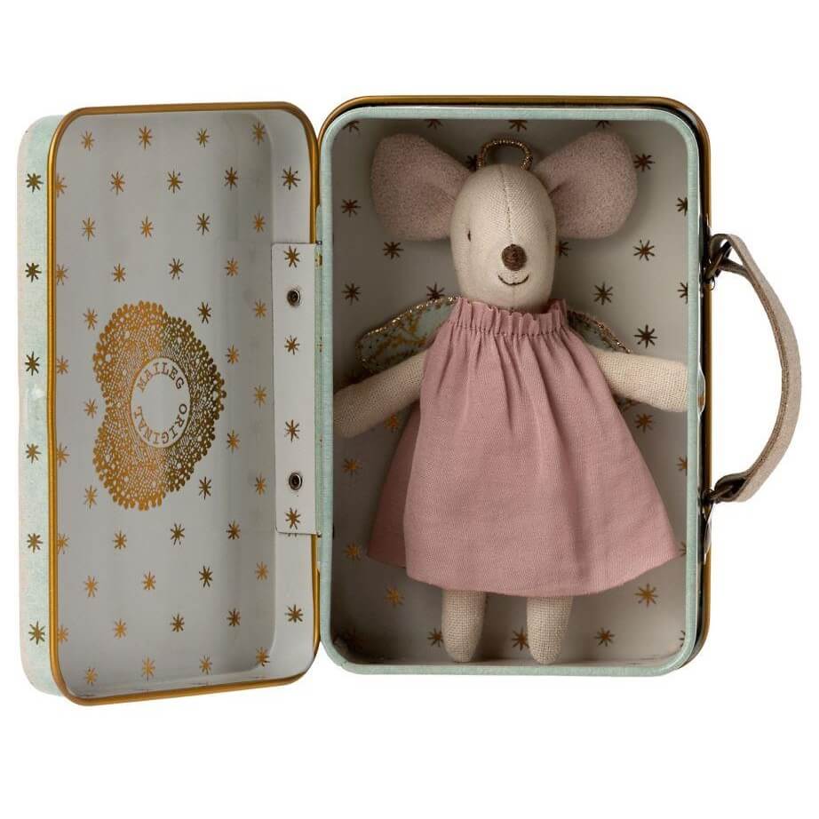 greige Maileg Angel Mouse in Suitcase