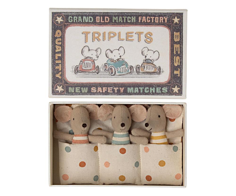 Greige Maileg Baby Mice Triplets In A Matchbox