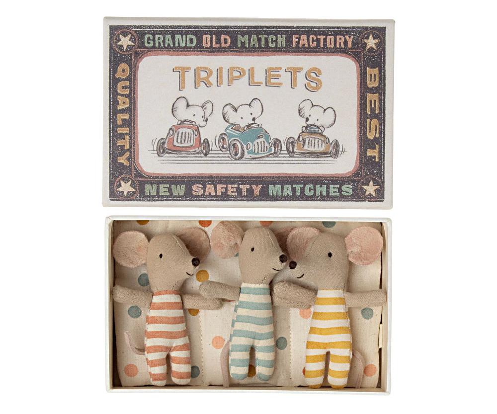 greige Maileg Baby Mice Triplets in a Matchbox