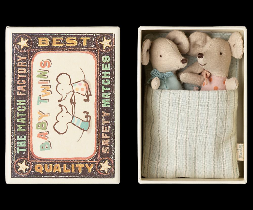greige Maileg Baby Mice Twins in a Matchbox