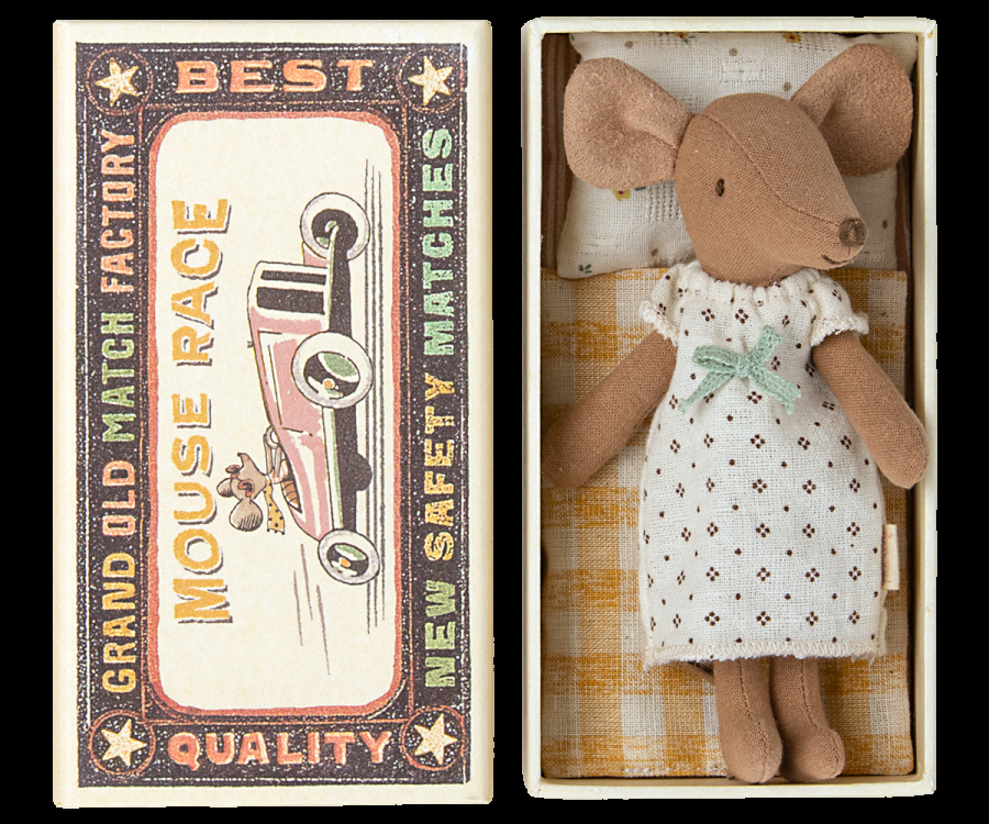 greige Maileg Big Sister Mouse in a Matchbox A