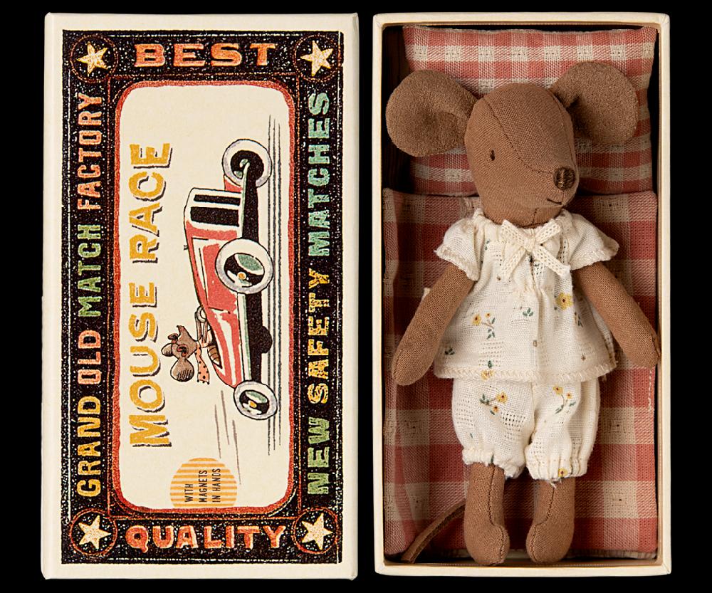 greige Maileg Big Sister Mouse in a Matchbox B