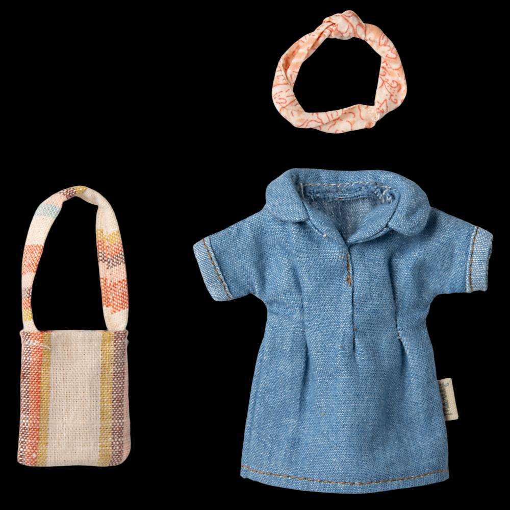 greige Maileg Denim Dress and Bag for Mum Mouse