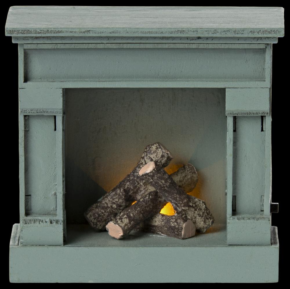 greige Maileg Fireplace Mouse - Blue