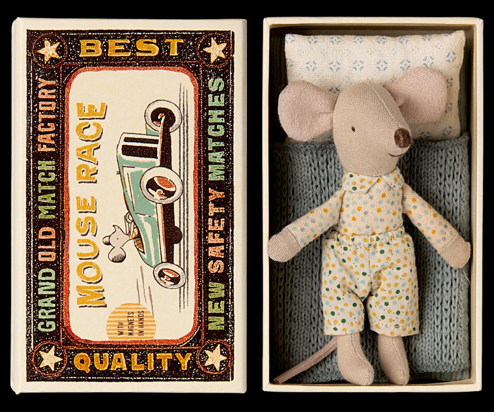 greige Maileg Little Brother Mouse in a Matchbox