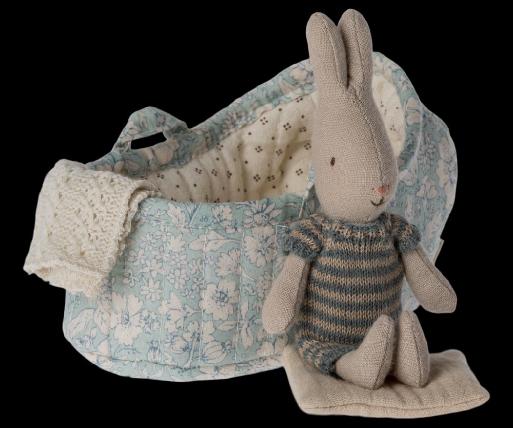 greige Maileg Rabbit in Carrycot Micro