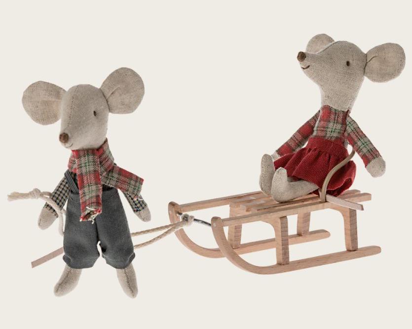 Greige Maileg Sled Mouse