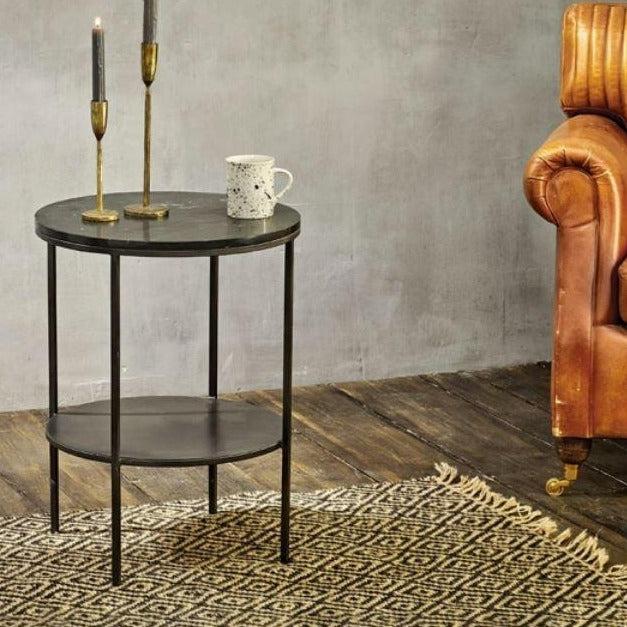 greige Marble and Iron Side Table - 45cm Diameter