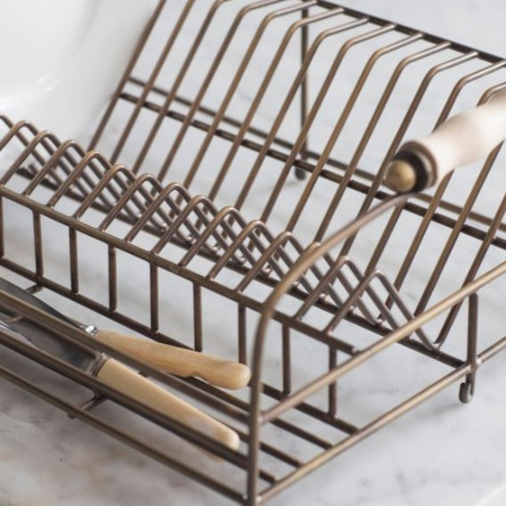Greige Metal Dish Rack With Aged Brass Finish