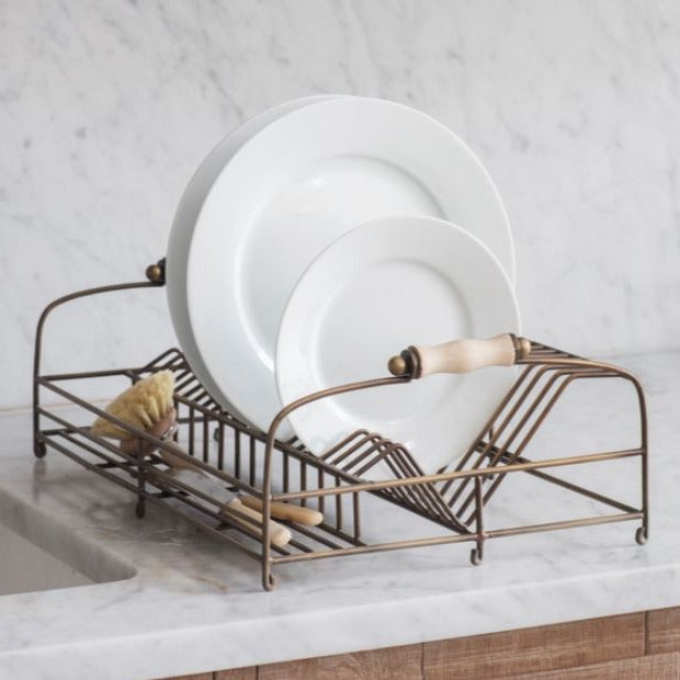 greige Metal Dish Rack with Aged Brass Finish