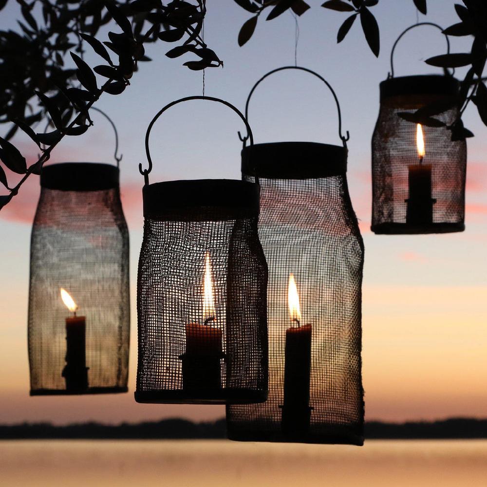 Greige Metal Mesh Hurricane - Antique Coal