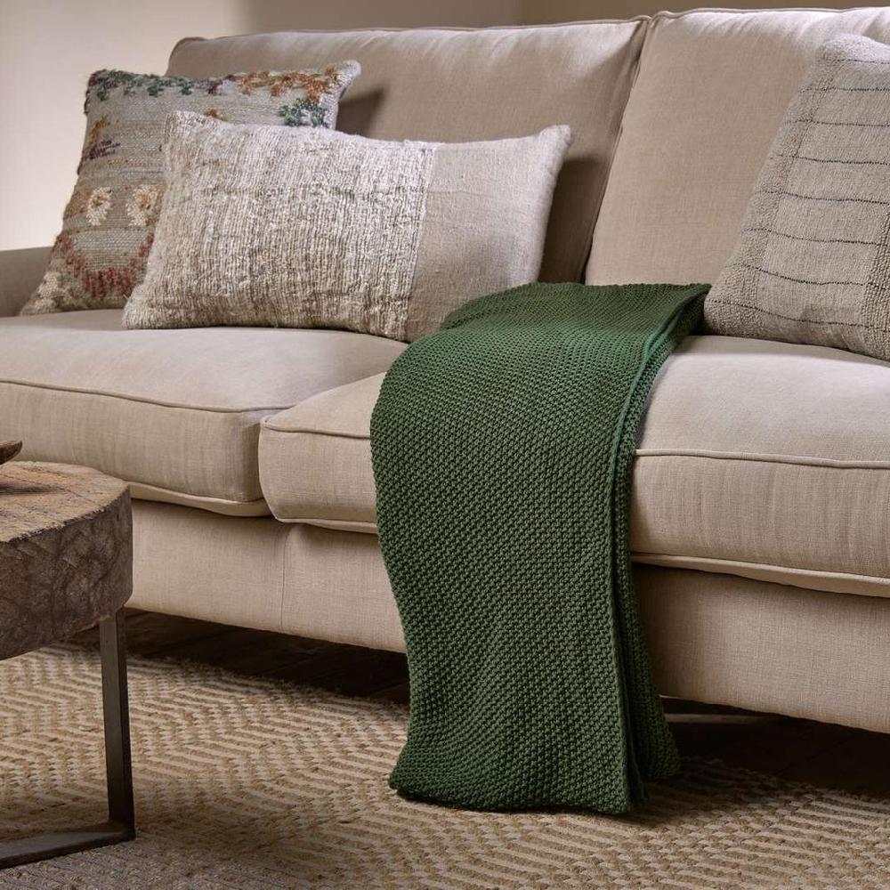 greige Moss Stitch Cotton Throw - Forest Green