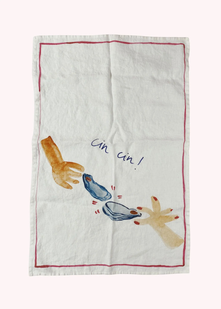 Greige Oyster Cheers - Linen Tea Towel