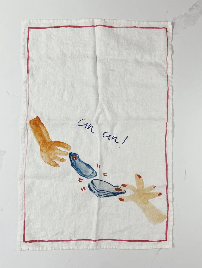 greige Oyster Cheers - Linen Tea Towel