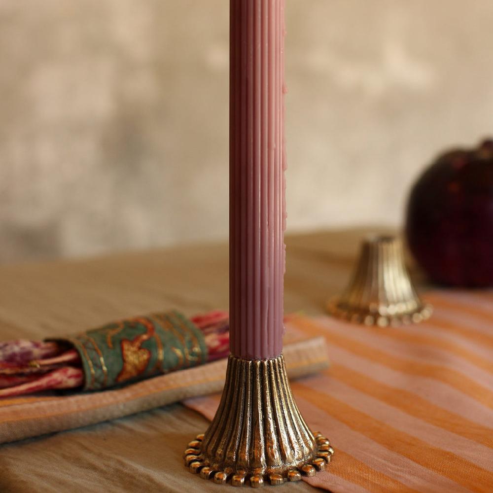 Greige Pair Of Ribbed Recycled Brass Candleholders