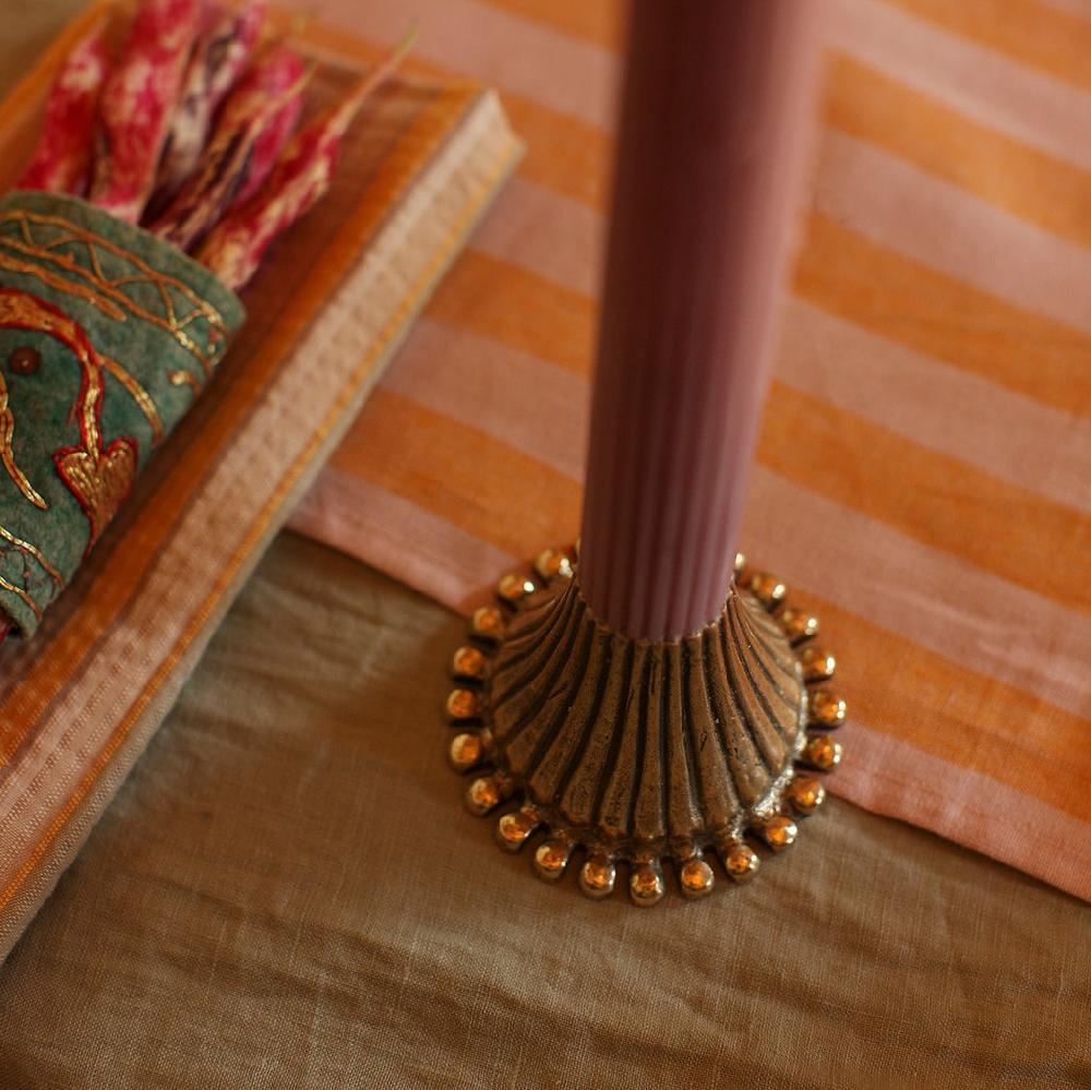 Greige Pair Of Ribbed Recycled Brass Candleholders