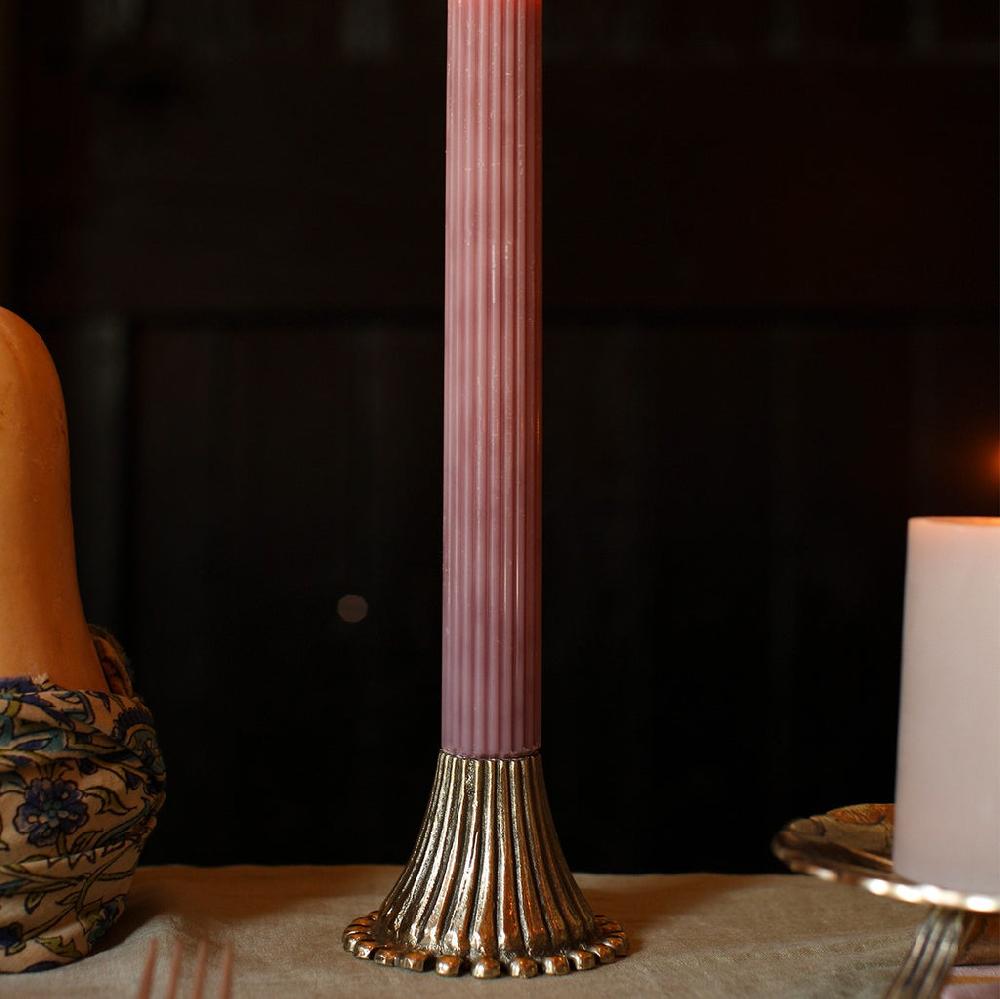 Greige Pair Of Ribbed Recycled Brass Candleholders