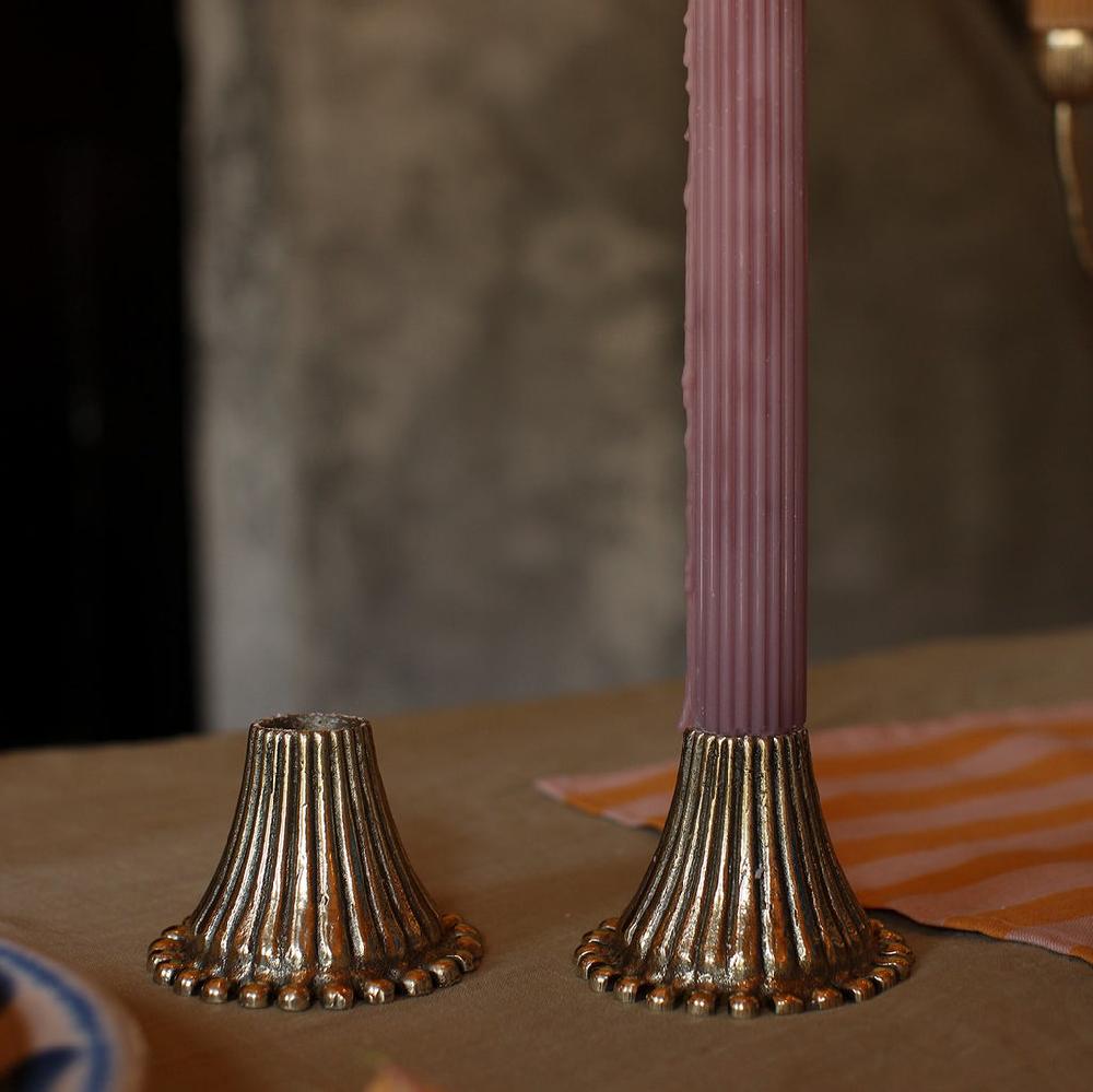 greige Pair of Ribbed Recycled Brass Candleholders