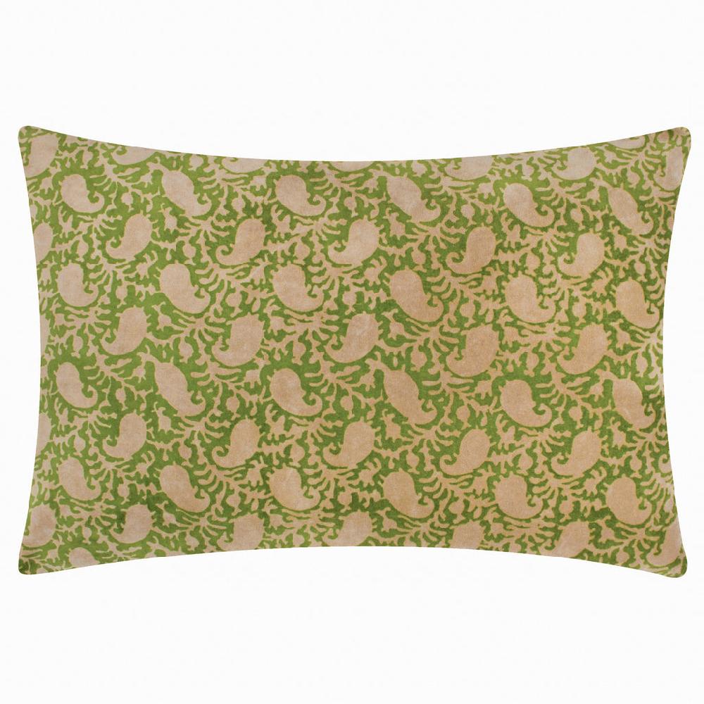 Greige Paisley Block Printed Velvet Cushion - Green