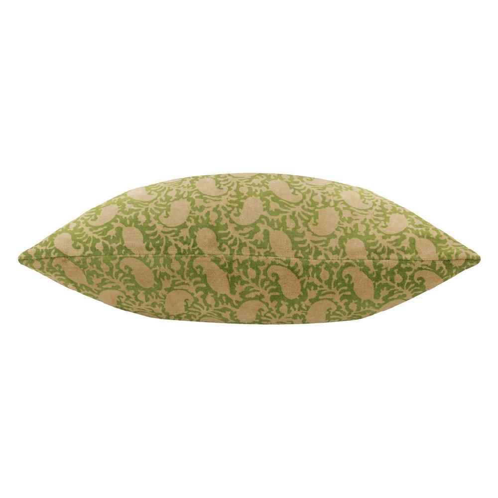 Greige Paisley Block Printed Velvet Cushion - Green