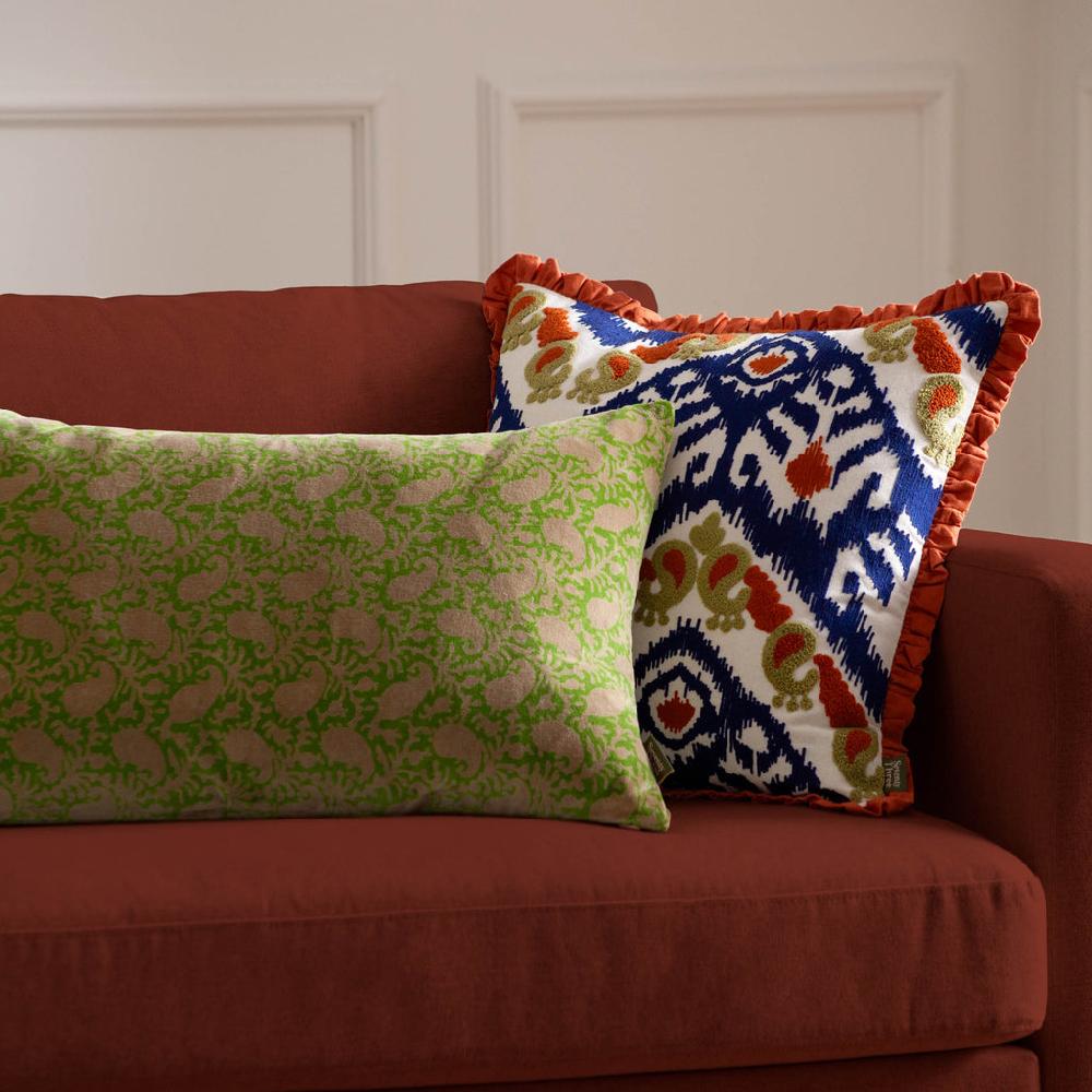 greige Paisley Block Printed Velvet Cushion - Green