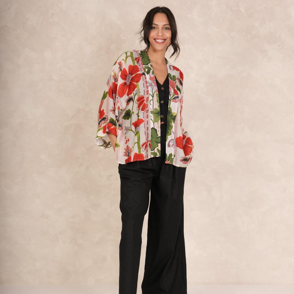 Greige Poppy Red Kimono - One Hundred Stars