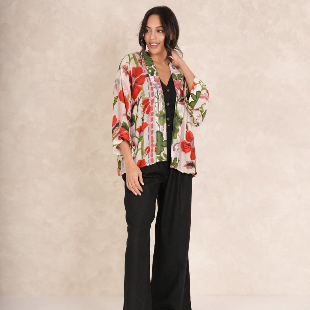 Greige Poppy Red Kimono - One Hundred Stars