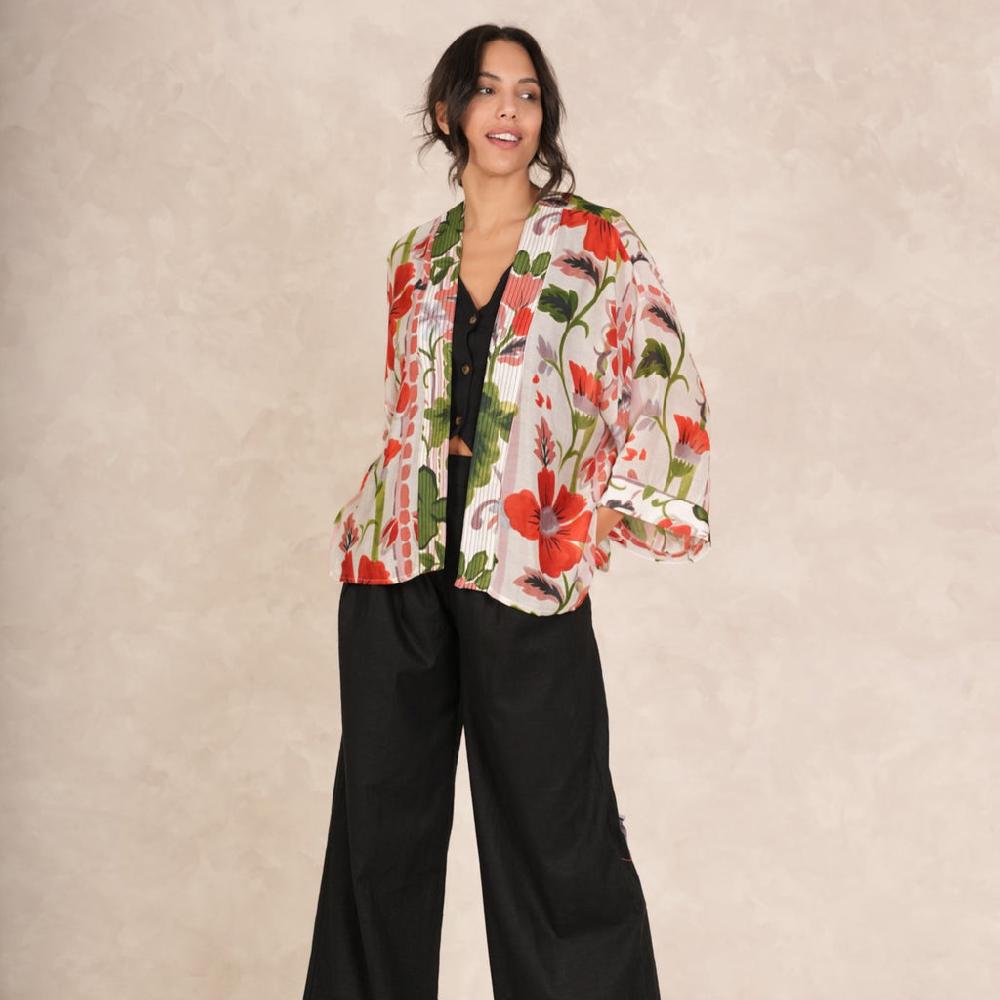 greige Poppy Red Kimono - One Hundred Stars