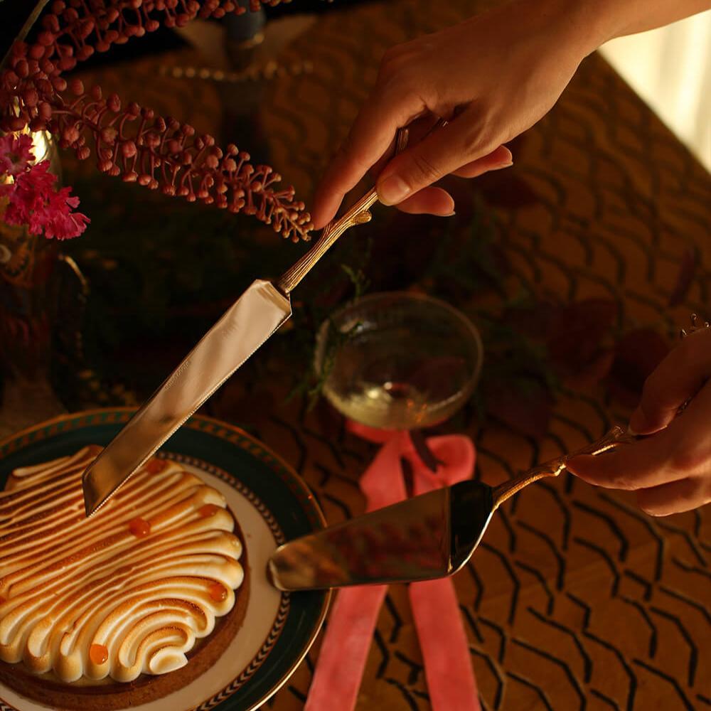 Greige Recycled Brass Blossom Cake Serving Set