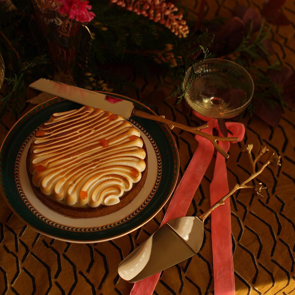 Greige Recycled Brass Blossom Cake Serving Set