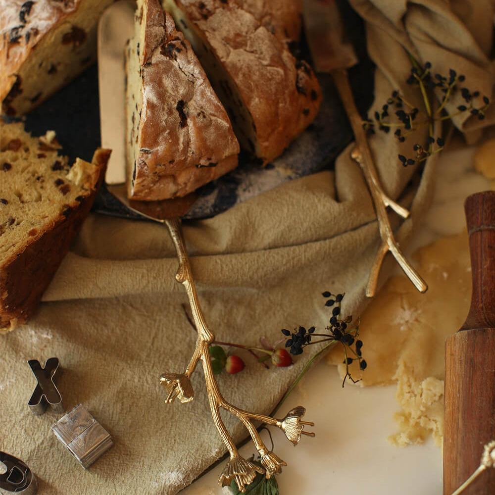 Greige Recycled Brass Blossom Cake Serving Set